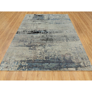 6'3"x8'10" Abstract Design Modern Silver- Blue Hand Knotted Wool & Silk Hi-Low Pile Oriental Rug FWR350886