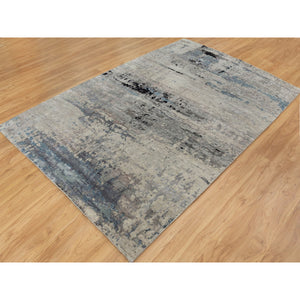 6'3"x8'10" Abstract Design Modern Silver- Blue Hand Knotted Wool & Silk Hi-Low Pile Oriental Rug FWR350886