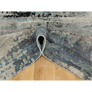 6'3"x8'10" Abstract Design Modern Silver- Blue Hand Knotted Wool & Silk Hi-Low Pile Oriental Rug FWR350886