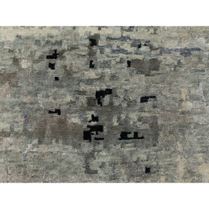 6'3"x8'10" Abstract Design Modern Silver- Blue Hand Knotted Wool & Silk Hi-Low Pile Oriental Rug FWR350886