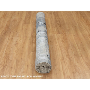 6'3"x8'10" Abstract Design Modern Silver- Blue Hand Knotted Wool & Silk Hi-Low Pile Oriental Rug FWR350886
