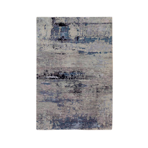 3'x4'10" Abstract Design Silver-Blue Modern Hand Knotted Wool & Silk Hi-Low Pile Oriental Rug FWR350910