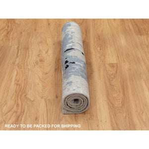 3'x4'10" Abstract Design Silver-Blue Modern Hand Knotted Wool & Silk Hi-Low Pile Oriental Rug FWR350910