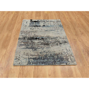 3'x5'1" Wool & Silk Abstract Design Modern Silver, Blue Hand Knotted Hi-Low Pile Oriental Rug FWR350928