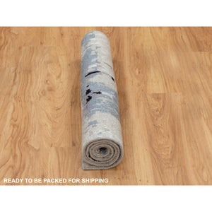 3'x5'1" Wool & Silk Abstract Design Modern Silver, Blue Hand Knotted Hi-Low Pile Oriental Rug FWR350928
