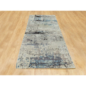 2'5"x9'9" Abstract Design Silver- Blue Modern Hand Knotted Wool & Silk Oriental Runner Rug FWR350988