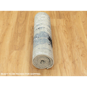 2'5"x9'9" Abstract Design Silver- Blue Modern Hand Knotted Wool & Silk Oriental Runner Rug FWR350988