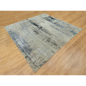 9'10"x9'11" Abstract Design Square Silver-Blue Hand Knotted Hi-Low Pile Wool & Silk Oriental Rug FWR351006