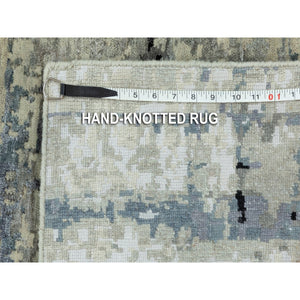 2'x2'10" Abstract Design Hi-Low Pile Silver-Blue Hand Knotted Wool & Silk Oriental Rug FWR351024