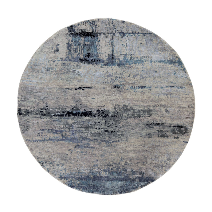6'x6' Round Silver, Blue Wool & Silk Abstract Design Hand Knotted Hi-Low Pile Oriental Rug FWR351054