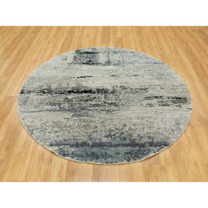6'x6' Round Silver, Blue Wool & Silk Abstract Design Hand Knotted Hi-Low Pile Oriental Rug FWR351054