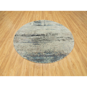 8'x8' Abstract Design Silver-Blue Modern Hand Knotted Wool & Silk Oriental Round Rug FWR351060