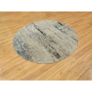 8'x8' Abstract Design Silver-Blue Modern Hand Knotted Wool & Silk Oriental Round Rug FWR351060