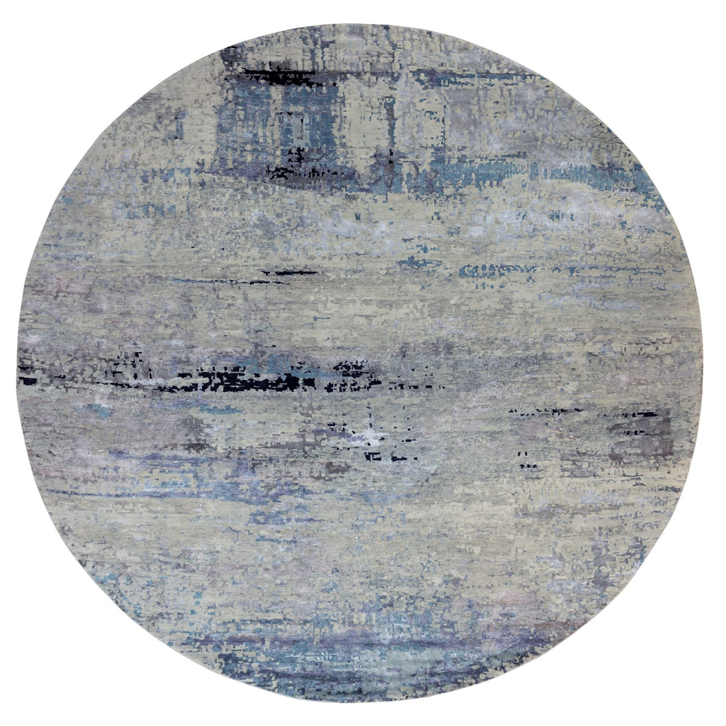 12'x12' Round Abstract Design Modern Silver-Blue Hand Knotted Wool & Silk Hi-Low Pile Oriental Rug FWR351090