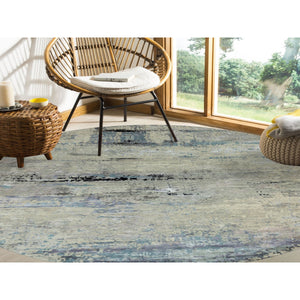 12'x12' Round Abstract Design Modern Silver-Blue Hand Knotted Wool & Silk Hi-Low Pile Oriental Rug FWR351090