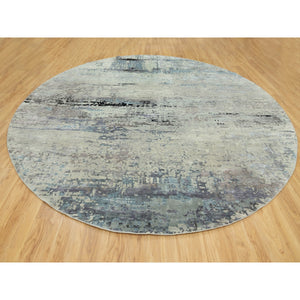 12'x12' Round Abstract Design Modern Silver-Blue Hand Knotted Wool & Silk Hi-Low Pile Oriental Rug FWR351090