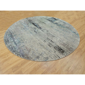 12'x12' Round Abstract Design Modern Silver-Blue Hand Knotted Wool & Silk Hi-Low Pile Oriental Rug FWR351090