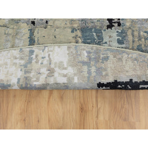 12'x12' Round Abstract Design Modern Silver-Blue Hand Knotted Wool & Silk Hi-Low Pile Oriental Rug FWR351090