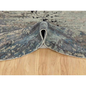 12'x12' Round Abstract Design Modern Silver-Blue Hand Knotted Wool & Silk Hi-Low Pile Oriental Rug FWR351090