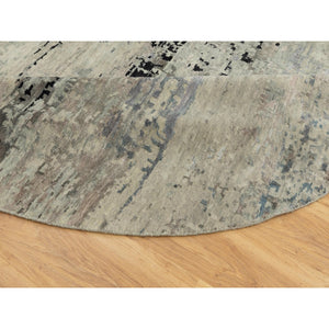 12'x12' Round Abstract Design Modern Silver-Blue Hand Knotted Wool & Silk Hi-Low Pile Oriental Rug FWR351090