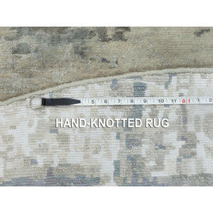 12'x12' Round Abstract Design Modern Silver-Blue Hand Knotted Wool & Silk Hi-Low Pile Oriental Rug FWR351090