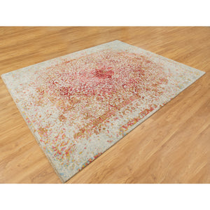 8'1"x10' Pink Wool and Pure Silk Medallion Erased Persian Design Hand Knotted Oriental Rug FWR351288