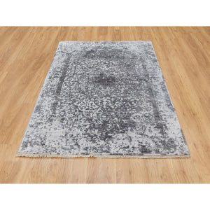 4'1"x6' Gray Erased Persian Design Wool and Pure Silk Hand Knotted Oriental Rug FWR351318