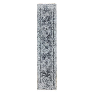 2'7"x12' Silver-Dark Gray Erased Persian Design Wool and Pure Silk Hand Knotted Runner Oriental Rug FWR351336