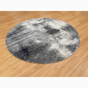 8'x8' Charcoal Black Abstract Design Wool and Silk Hand Knotted Round Oriental Rug FWR351438