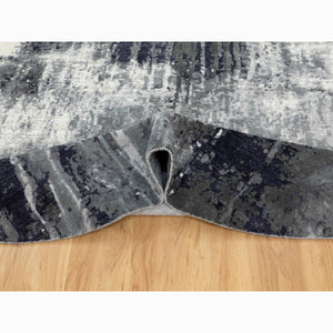8'x8' Charcoal Black Abstract Design Wool and Silk Hand Knotted Round Oriental Rug FWR351438