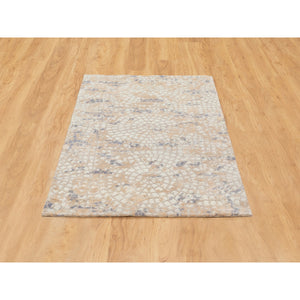 3'x5' Gray Wool and Pure Silk Mosaic Design Hand Knotted Modern Oriental Rug FWR351804