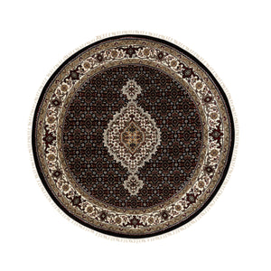 4'1"x4'1" Rich Black, 250 KPSI Wool Tabriz Mahi with Fish Medallion Design, Hand Knotted, Round Oriental Rug FWR352110