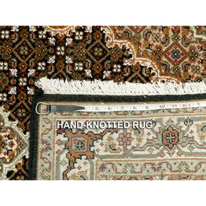 3'1"x5'6" Rich Black, Hand Knotted, Tabriz Mahi with Fish Medallion Design, 250 KPSI Wool Oriental Rug FWR352656