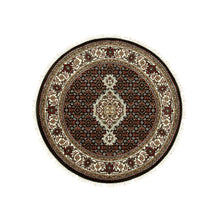 Load image into Gallery viewer, 3&#39;x3&#39; Rich Black, 250 KPSI Hand Knotted, Tabriz Mahi with Fish Medallion Design, Wool Round Oriental Rug FWR352674