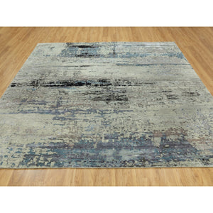 10'2"x10'2" Wool Silk Silver, Blue Modern Abstract Design Hand Knotted Oriental Square Rug FWR353190
