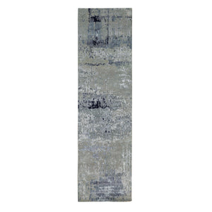 2'7"x9'9" Silver, Blue Wool And Silk Modern Abstract Design Hand Knotted Oriental Runner Rug FWR353244