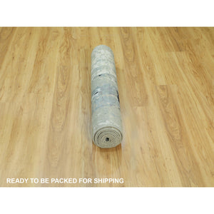 2'7"x9'9" Silver, Blue Wool And Silk Modern Abstract Design Hand Knotted Oriental Runner Rug FWR353244