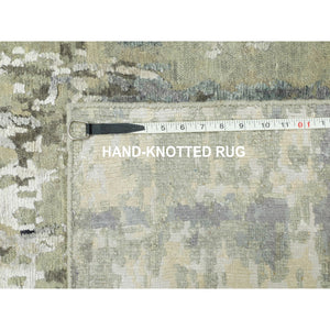 2'7"x9'9" Silver, Blue Wool And Silk Modern Abstract Design Hand Knotted Oriental Runner Rug FWR353244