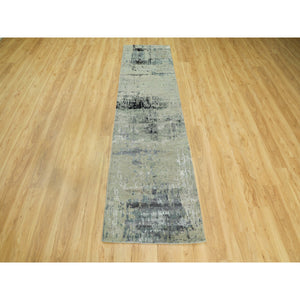 2'8"x9'9" Silver, Blue Wool And Silk Modern Abstract Design Hand Knotted Oriental Runner Rug FWR353250