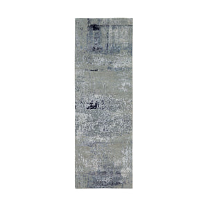 2'8"x7'10" Hand Knotted Silver, Blue Wool And Silk Modern Abstract Design Oriental Runner Rug FWR353256