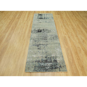 2'8"x7'10" Wool And Silk Silver, Blue Modern Abstract Design Hand Knotted Oriental Runner Rug FWR353262