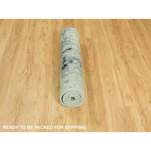 2'8"x7'10" Wool And Silk Silver, Blue Modern Abstract Design Hand Knotted Oriental Runner Rug FWR353262