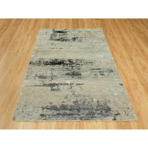 4'x6' Silver, Blue Wool And Silk Modern Abstract Design Hand Knotted Oriental Rug FWR353268
