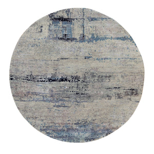 8'x8' Silver Blue Wool & Silk Modern Abstract Design Hand Knotted Oriental Round Rug FWR353286