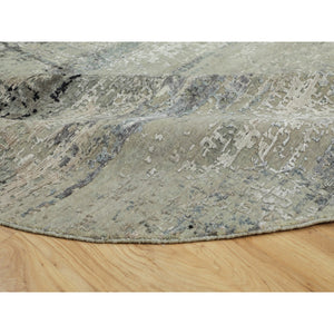 7'x7' Silver Blue Wool & Silk Modern Abstract Design Hand Knotted Oriental Round Rug FWR353310