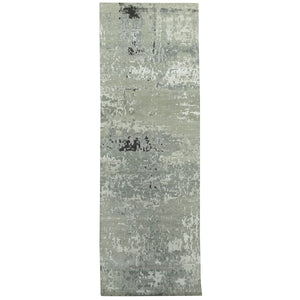 2'8"x19'10" Silver Gray Wool & Silk Modern Abstract Design Hand Knotted Oriental Runner Rug FWR353340