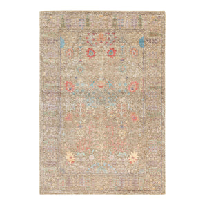 6'2"x9'1" Taupe Silk With Textured Wool Directional Vase Design Hand Knotted Oriental Rug FWR353568