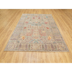 6'2"x9'1" Taupe Silk With Textured Wool Directional Vase Design Hand Knotted Oriental Rug FWR353568