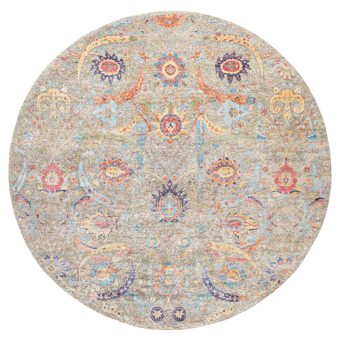 12'x12' Tan Silk With Textured Wool Sickle Leaf Design Hand Knotted Oriental Round Rug FWR353790