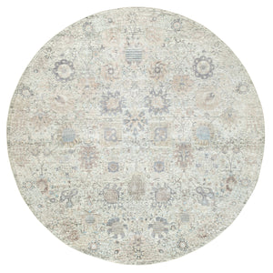 11'10"x11'10" Ivory Silk With Textured Wool Tabriz Hand Knotted Oriental Round Rug FWR353874